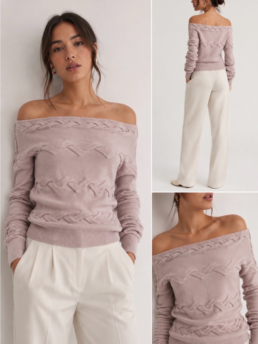 Babaton MERINO WOOL Off-the-Shoulder Cable Knit Sweater in Light Pink